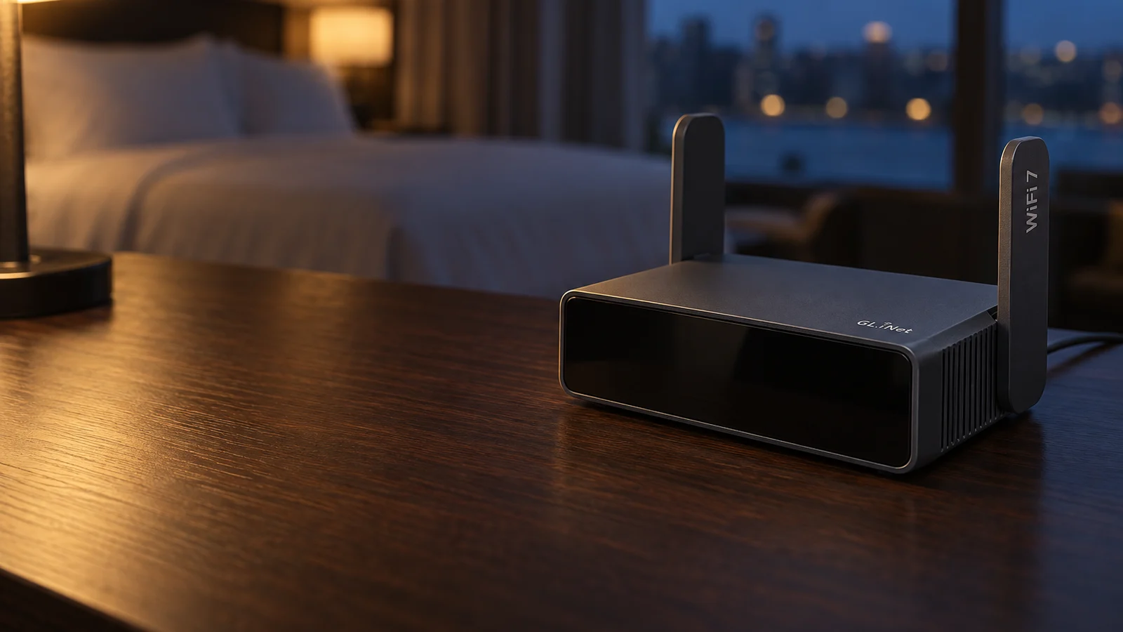 Dark gray GL.iNet Slate 7 travel router with two upright antennas on a hotel room desk at night, with a bed and city window behind