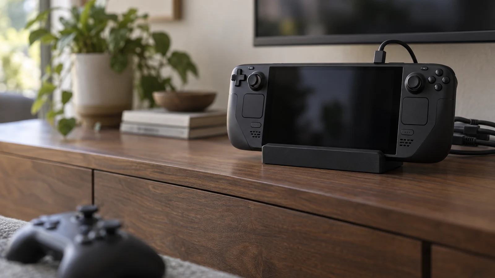 Steam Deck seated in a small black dock on a walnut TV console, with a controller in the foreground
