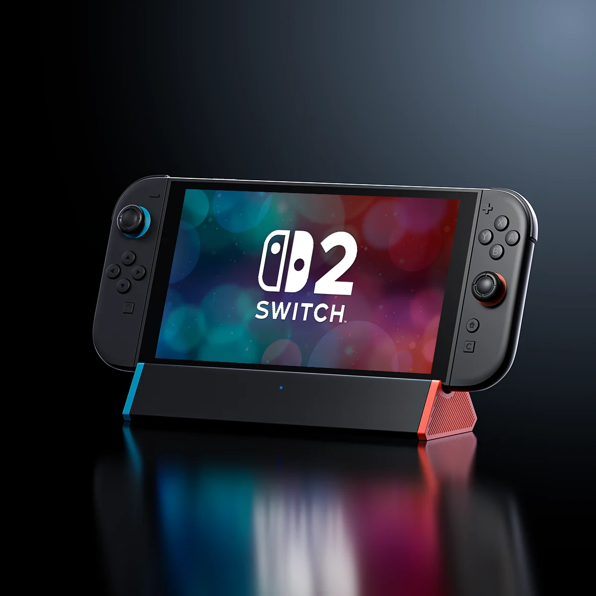 Nintendo Switch 2 standing in the low black Antank S3 MAX dock, which has blue and red end caps
