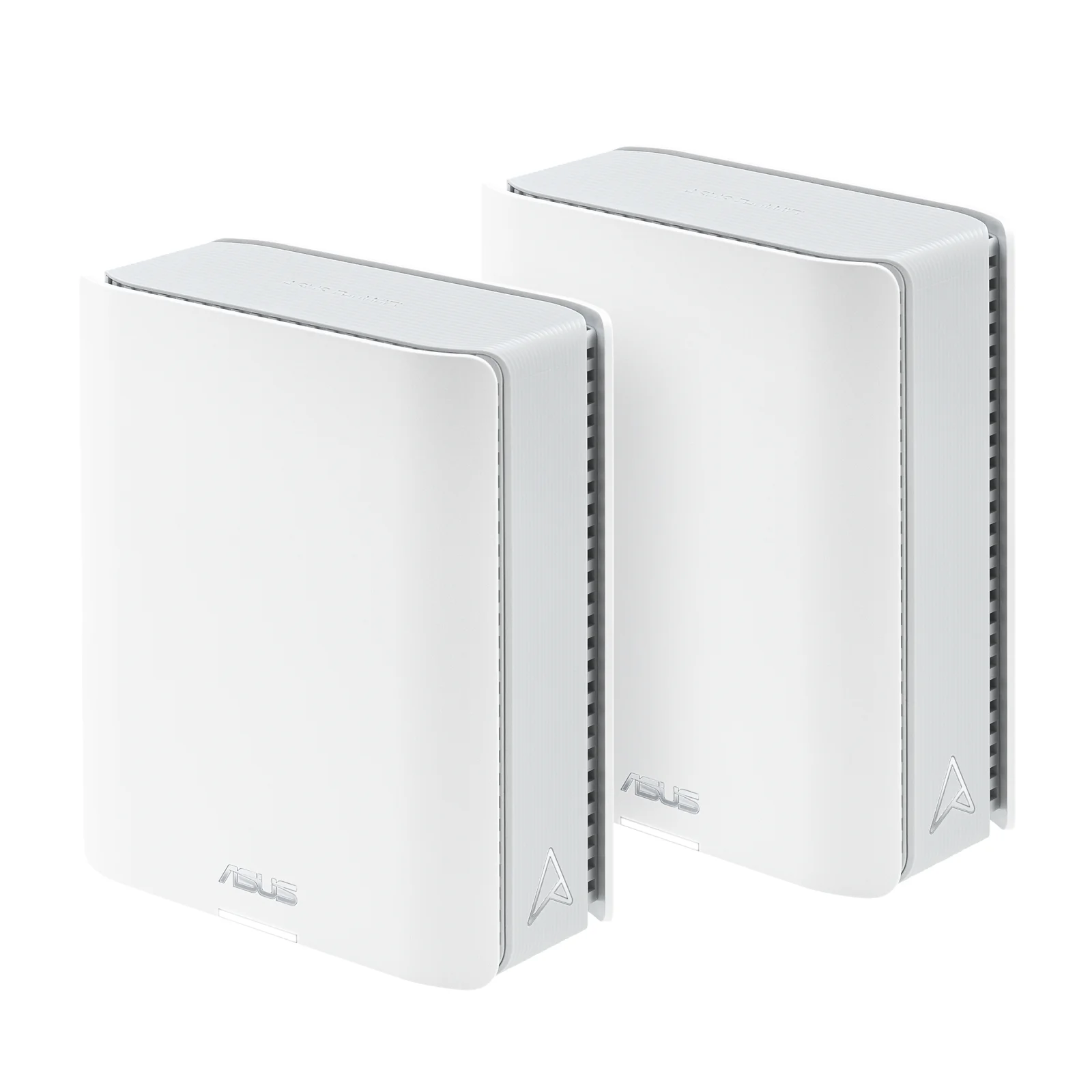 Two white ASUS ZenWiFi BT8 mesh units standing upright side by side