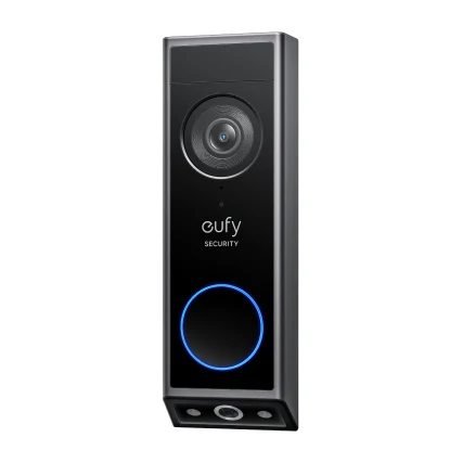 Black eufy Video Doorbell E340 with a main camera at the top, a blue-ringed button and a second camera on the bottom edge