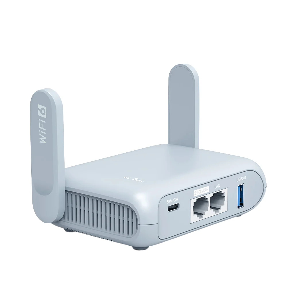 Light blue-gray GL.iNet Beryl AX travel router with two upright antennas, a USB-C power port, two Ethernet ports and a blue USB 3.0 port