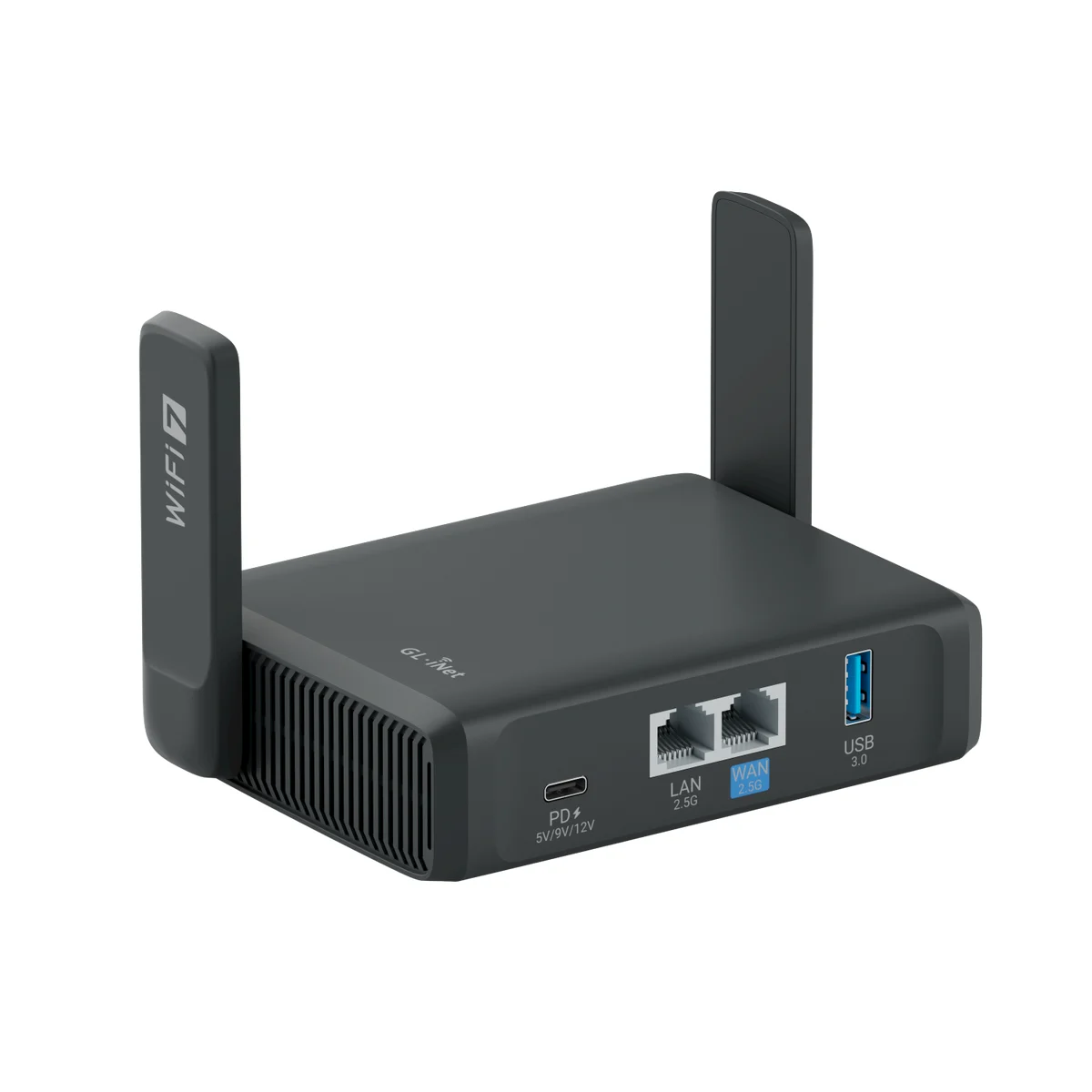 Dark gray GL.iNet Slate 7 travel router from the back, with two upright antennas, a USB-C power port, two Ethernet ports and a blue USB 3.0 port