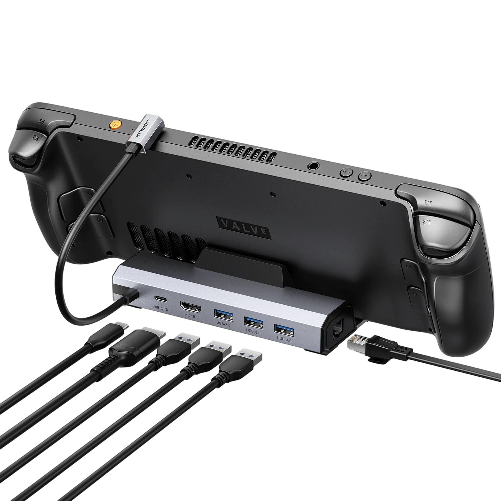 Gray JSAUX HB0603S dock holding a Steam Deck, with USB-C PD, HDMI, three USB 3.0 and Ethernet ports along the front
