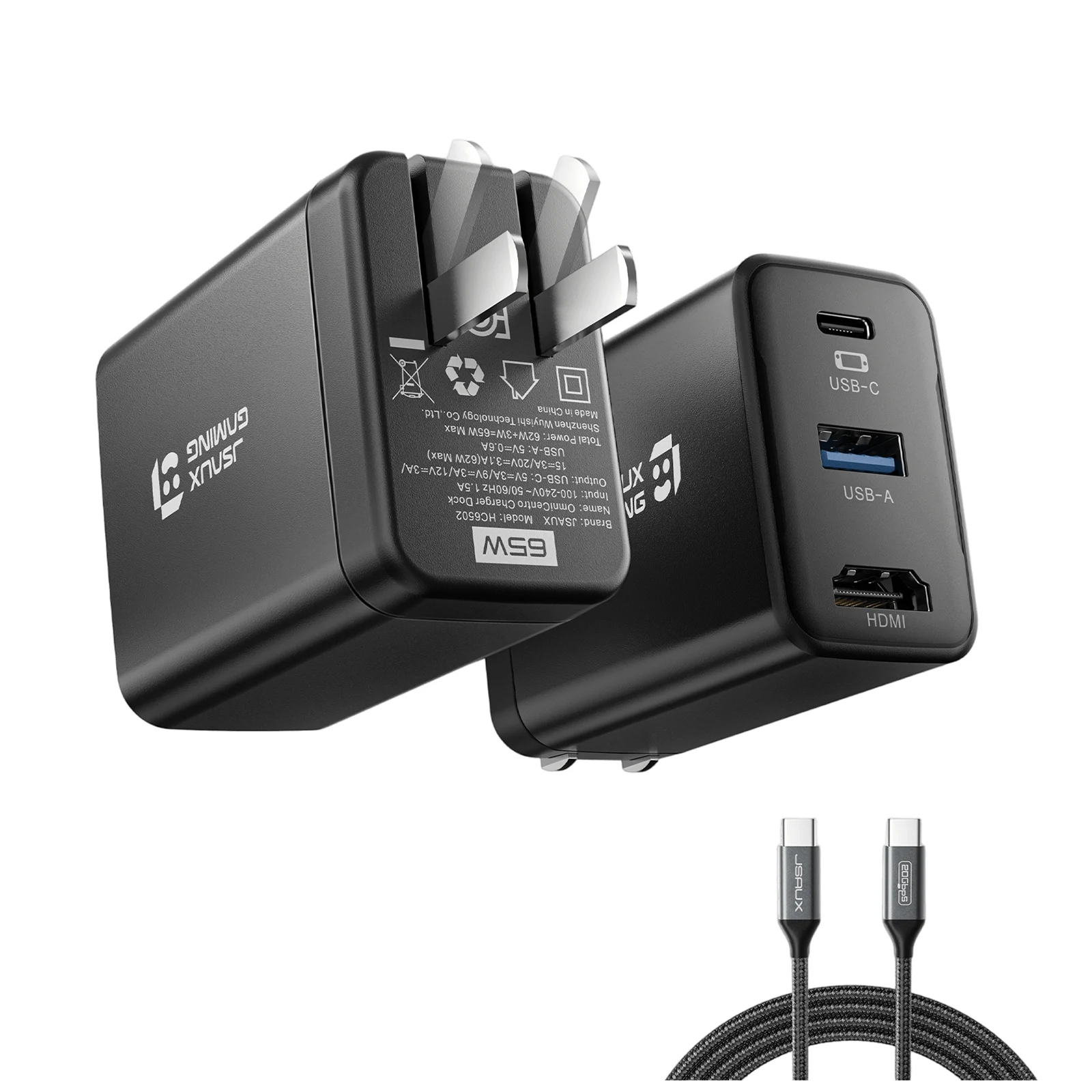 Black JSAUX OmniCentro wall-plug dock shown from both sides, with USB-C, USB-A and HDMI ports and a braided USB-C cable