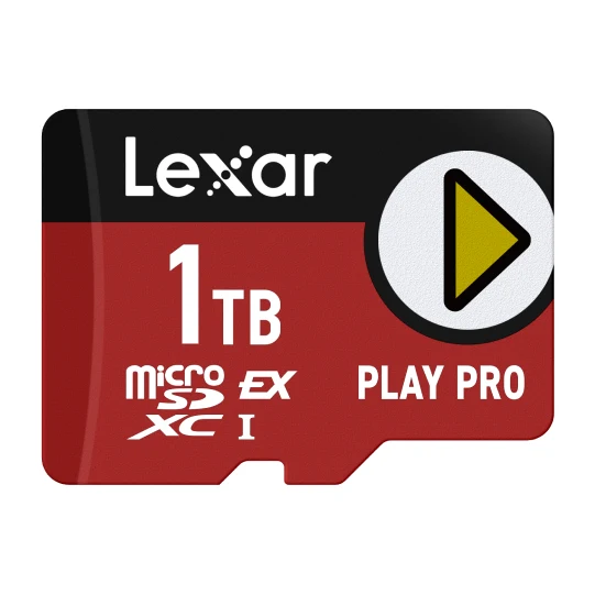 Red and black Lexar PLAY PRO 1TB microSD Express card with a yellow play symbol