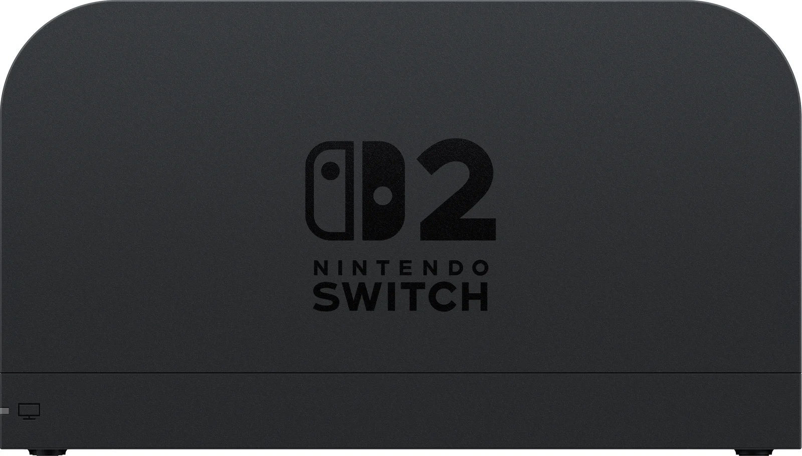 Front of the dark gray Nintendo Switch 2 dock with the Nintendo Switch 2 logo and a TV indicator at lower left