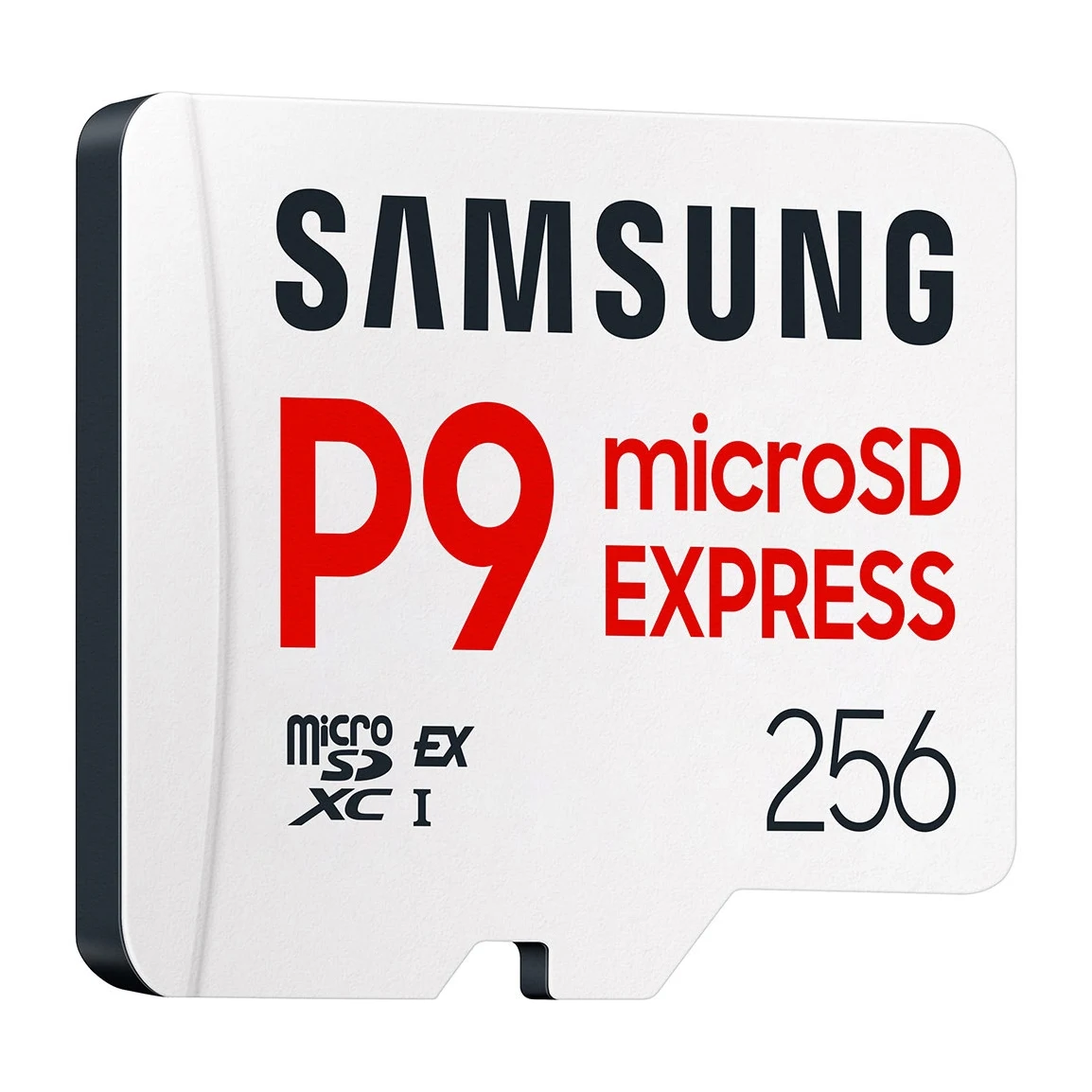 White Samsung P9 microSD Express card with red P9 and EXPRESS lettering and a 256 capacity mark