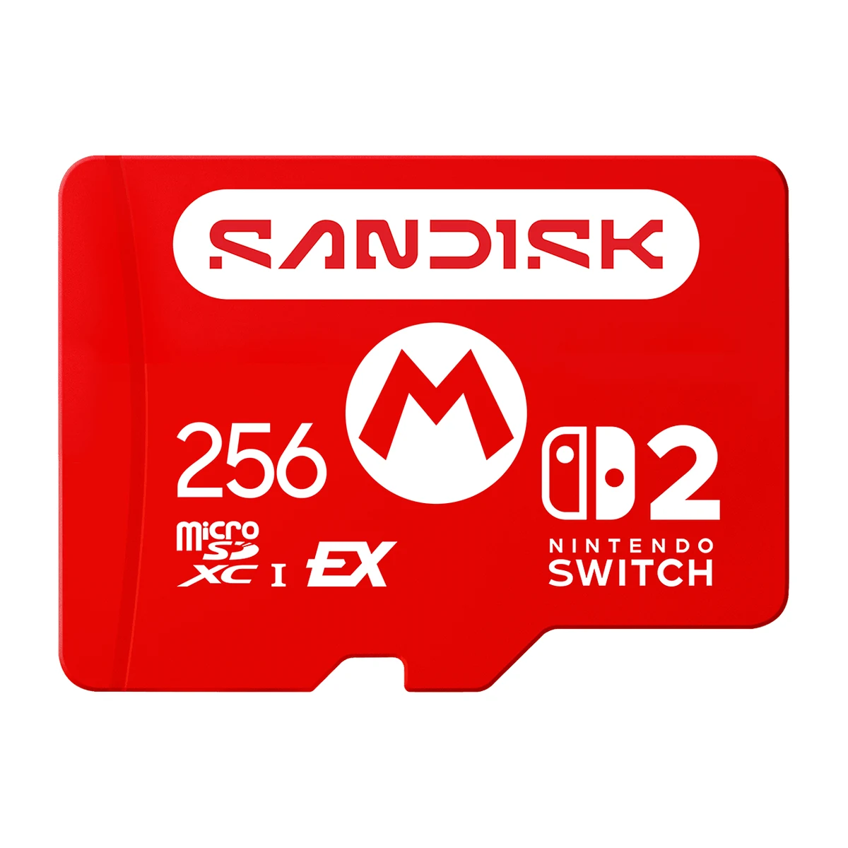 Red SanDisk microSD Express card with a white Mario M emblem, a 256 capacity mark and the Nintendo Switch 2 logo