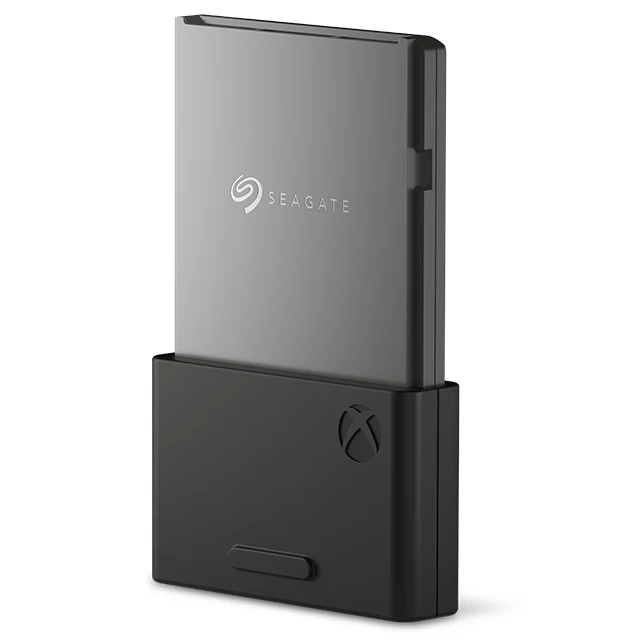 Seagate Storage Expansion Card for Xbox, a gray metal card with a black base carrying the Xbox logo