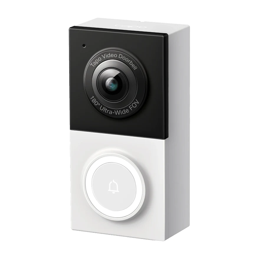 Compact Tapo D130 video doorbell with a black camera panel above a white body and round button