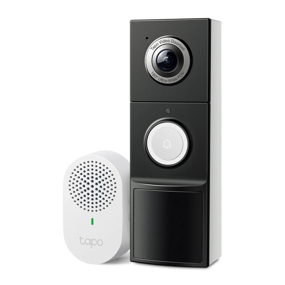 Black and white Tapo D225 video doorbell beside its small white plug-in Tapo chime
